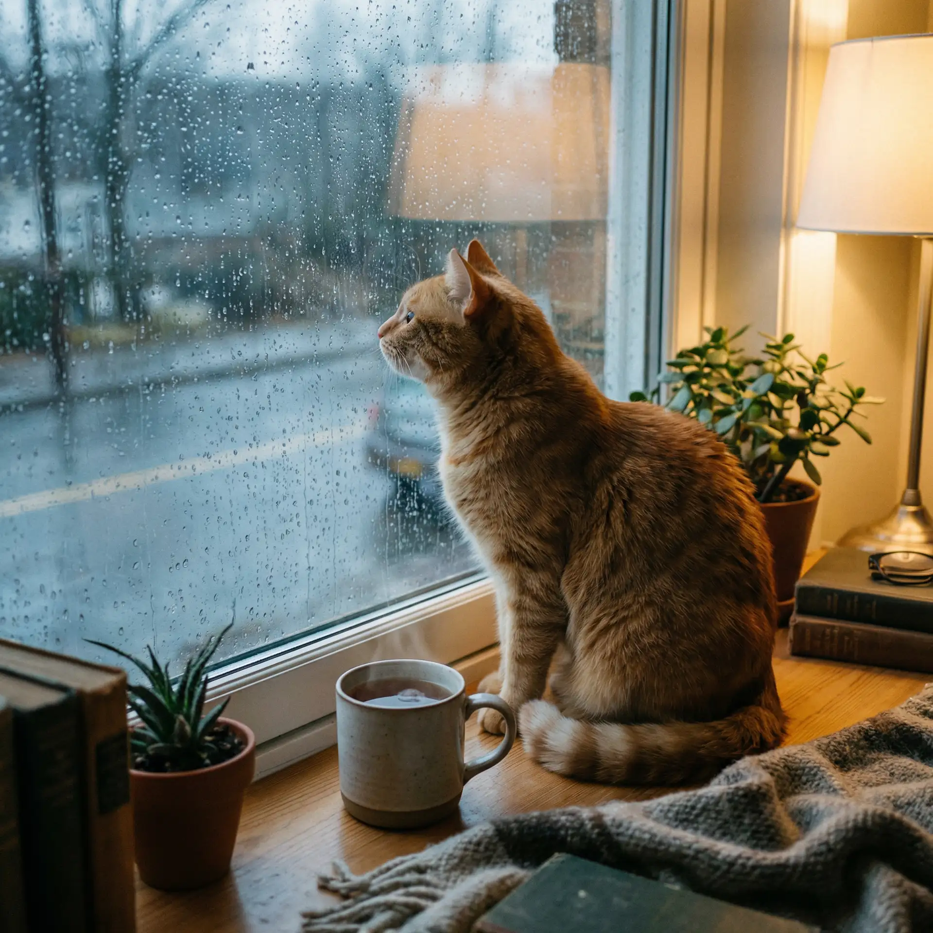 猫咪望着窗外的雨 - 艳门照